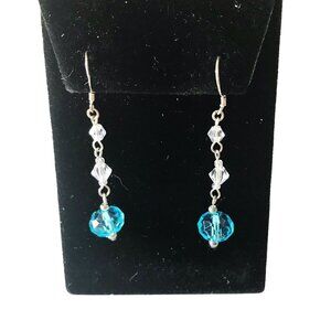 Aqua Color Crystals Earrings Sterling Silver Earrings Dangles Long Earrings